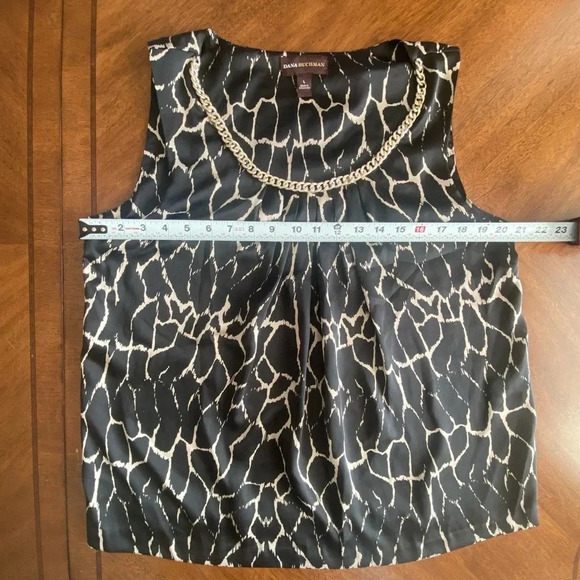 Dana Buchman Women’s Sleeveless Chain Neck Blouse Blk/Beige Silky Feel Large EUC - Picture 7 of 10